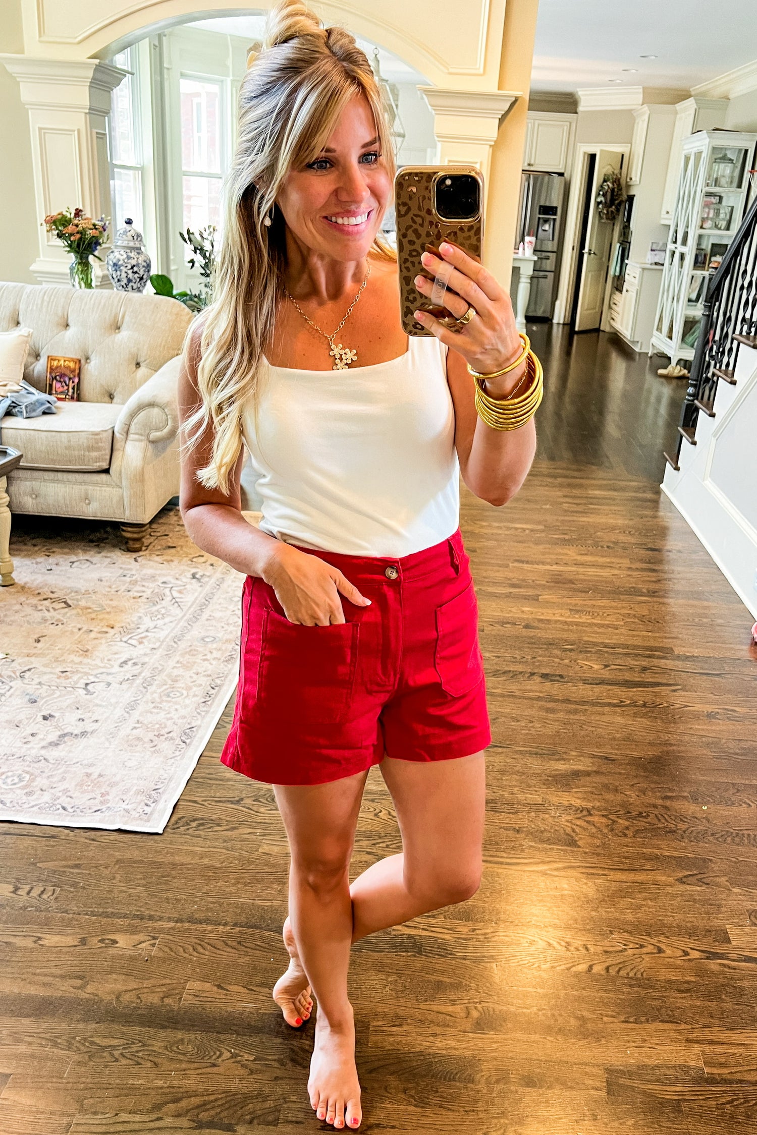 Patch Pocket Wood Button Shorts in Red