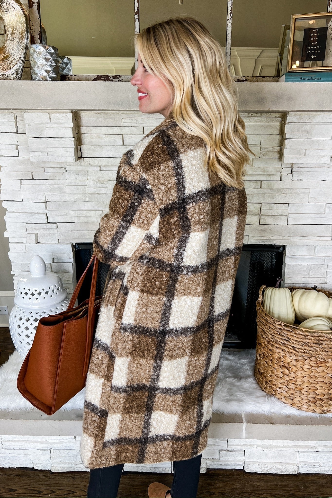 Plaid Curly Faux Fur Pocketed Trench Coat in Mocha