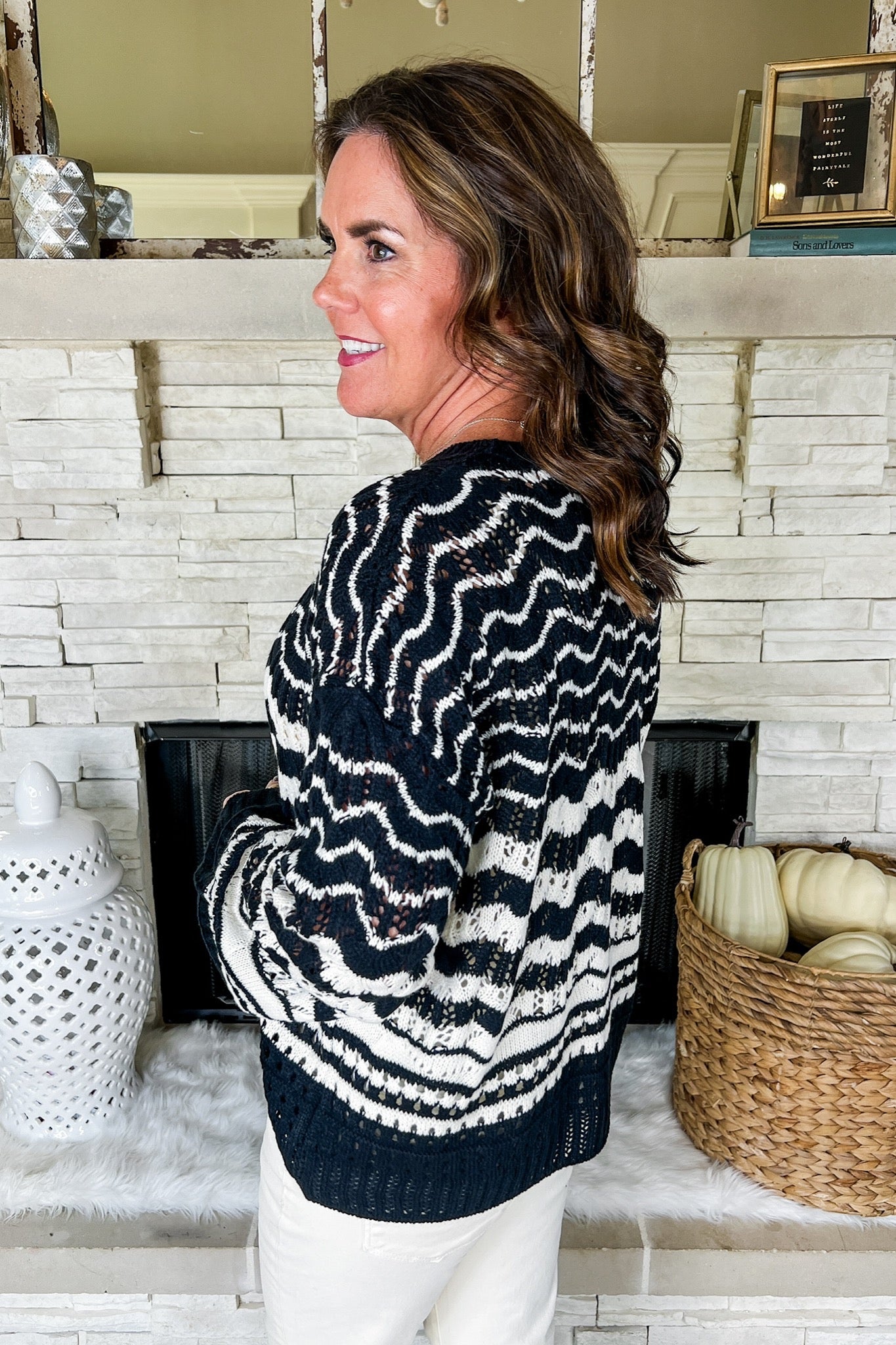 Wavy Striped Crochet Wide Sleeve Sweater in Black