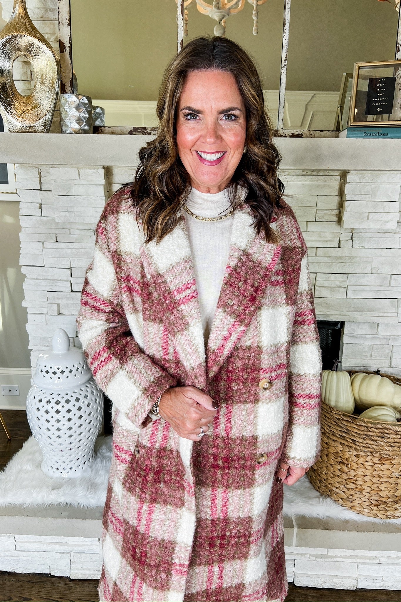 Plaid Curly Faux Fur Pocketed Trench Coat in Rose