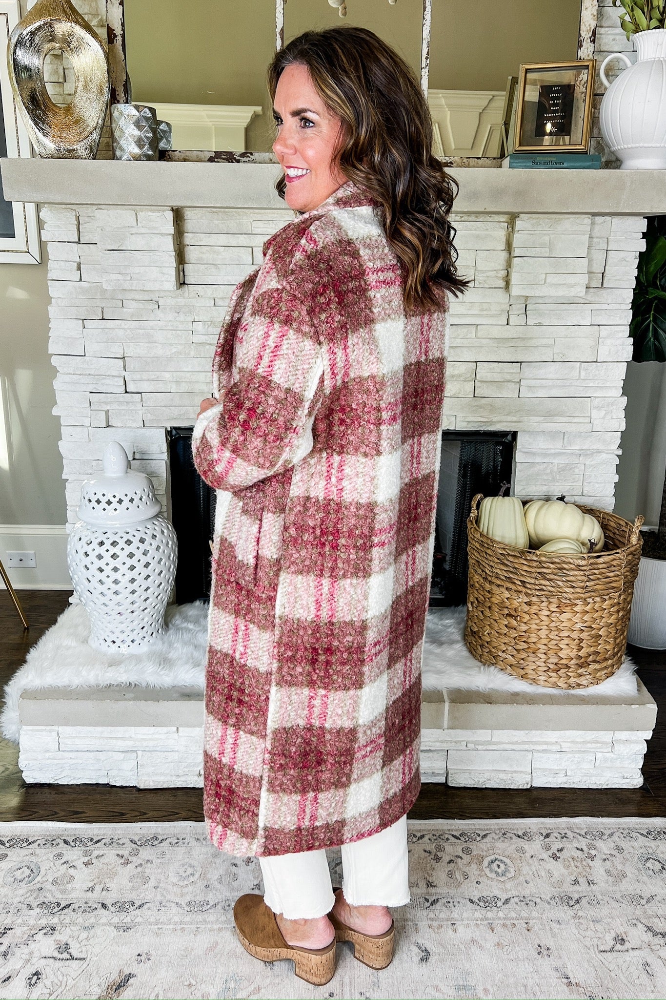 Plaid Curly Faux Fur Pocketed Trench Coat in Rose