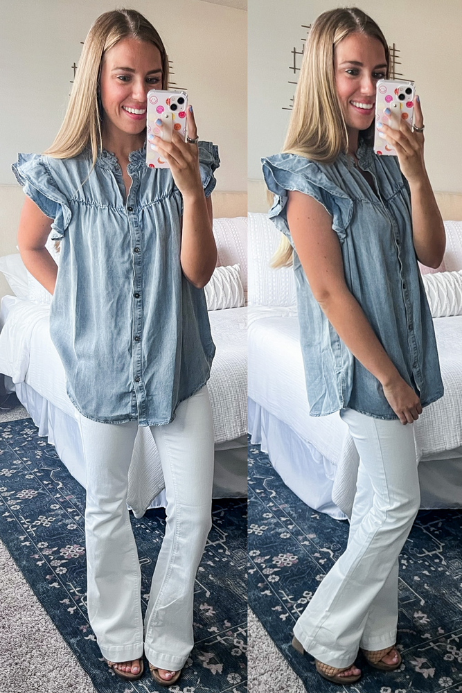 Lightweight Ruffle Sleeve Button Front Chambray Top