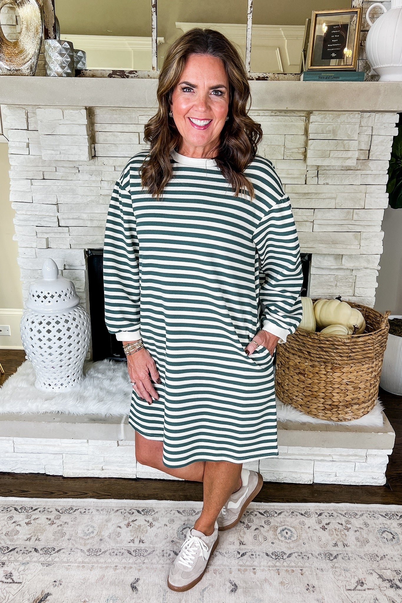 Stripe Pocketed Three-Quarter Sleeve Shift Dress in Hunter Green