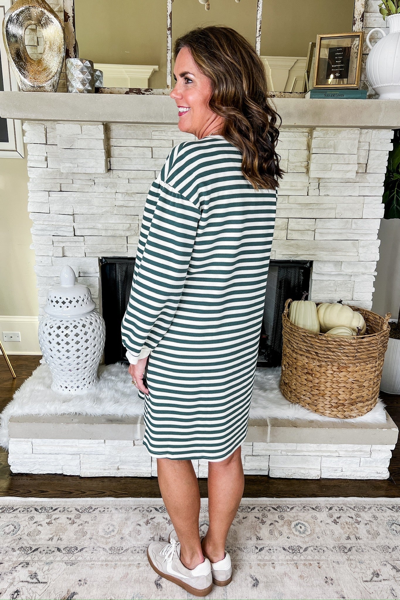 Stripe Pocketed Three-Quarter Sleeve Shift Dress in Hunter Green