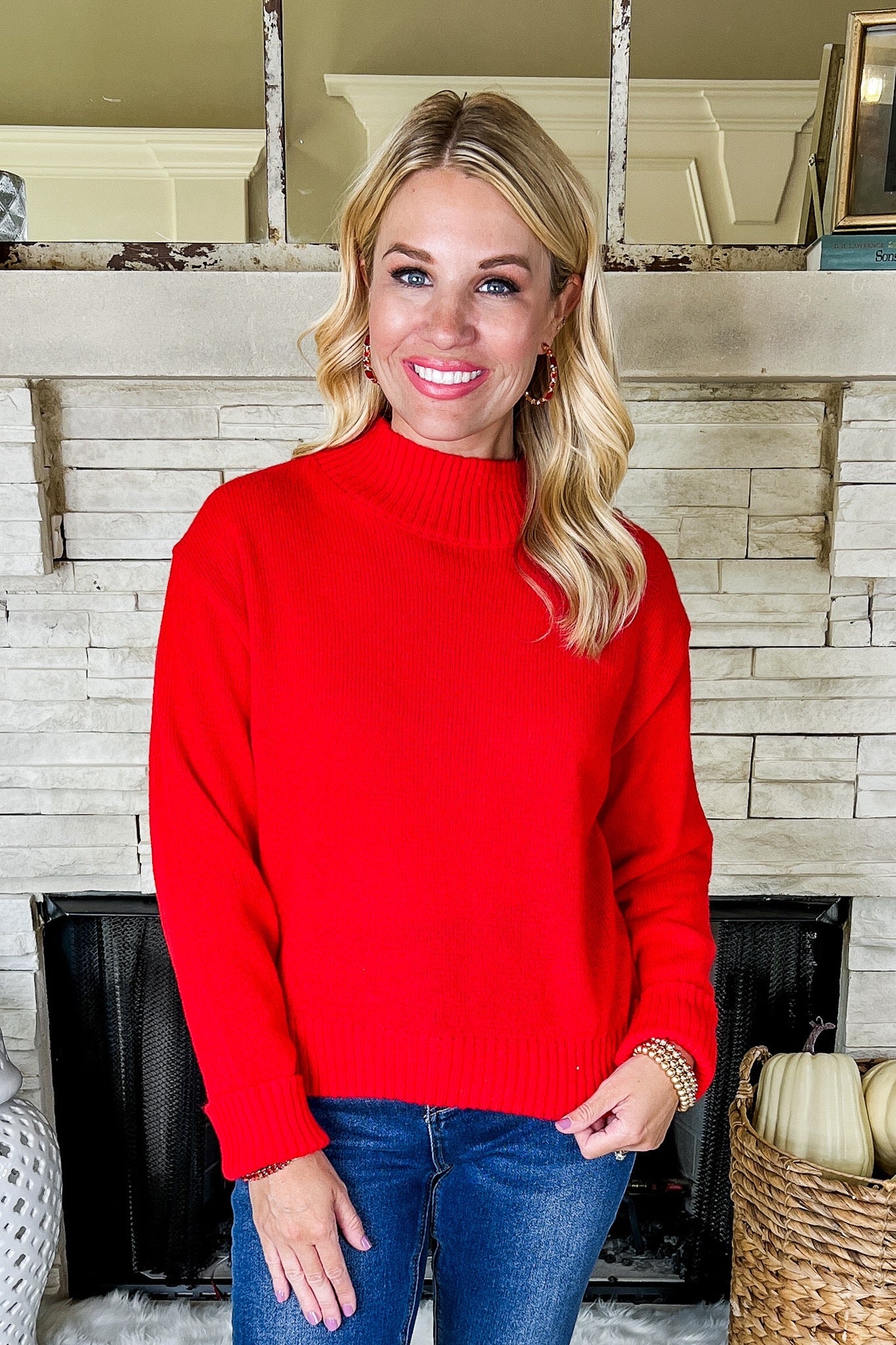 Mock Neck Ribbed Trim Bold Red Knit Sweater