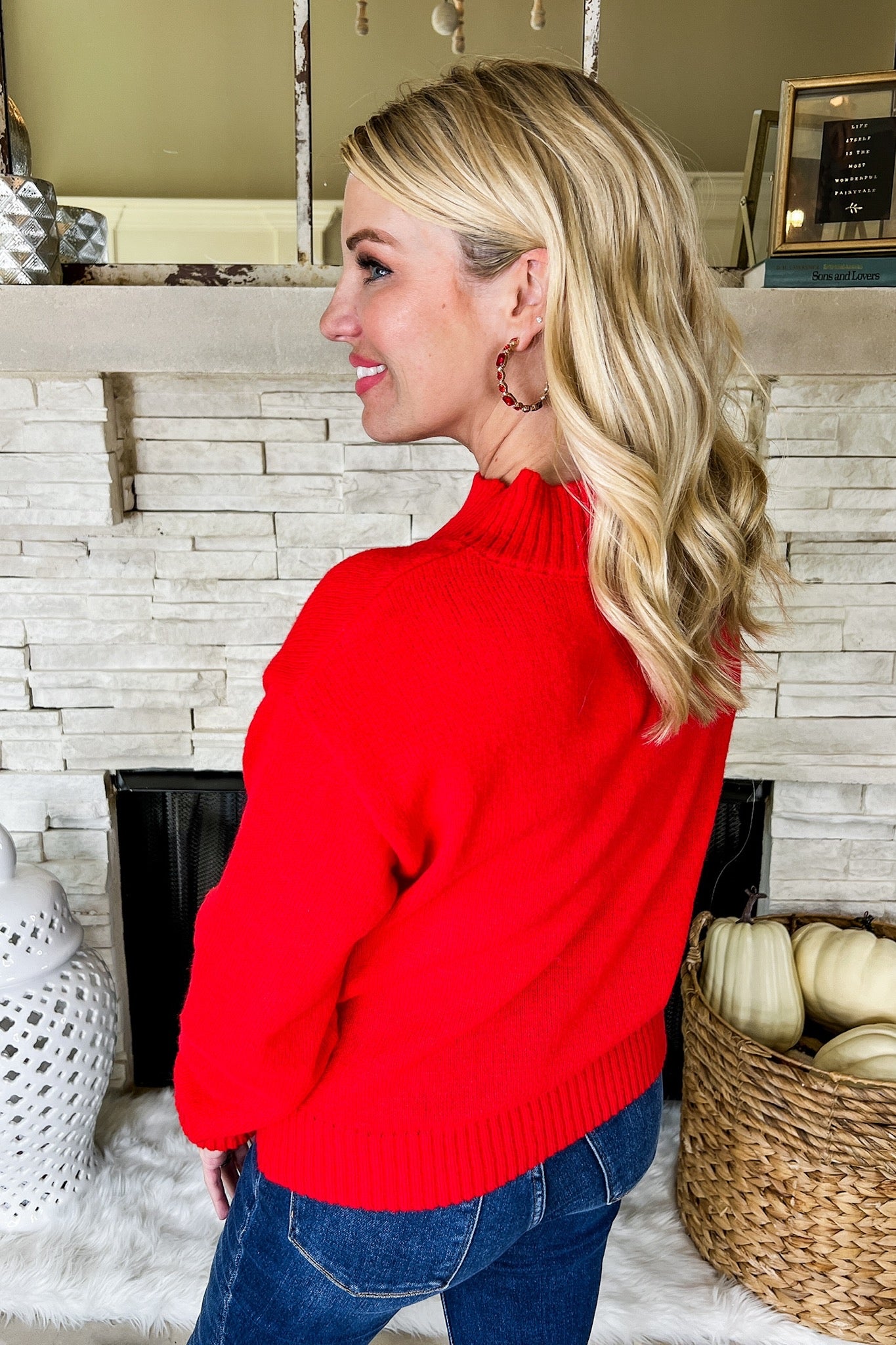 Mock Neck Ribbed Trim Bold Red Knit Sweater