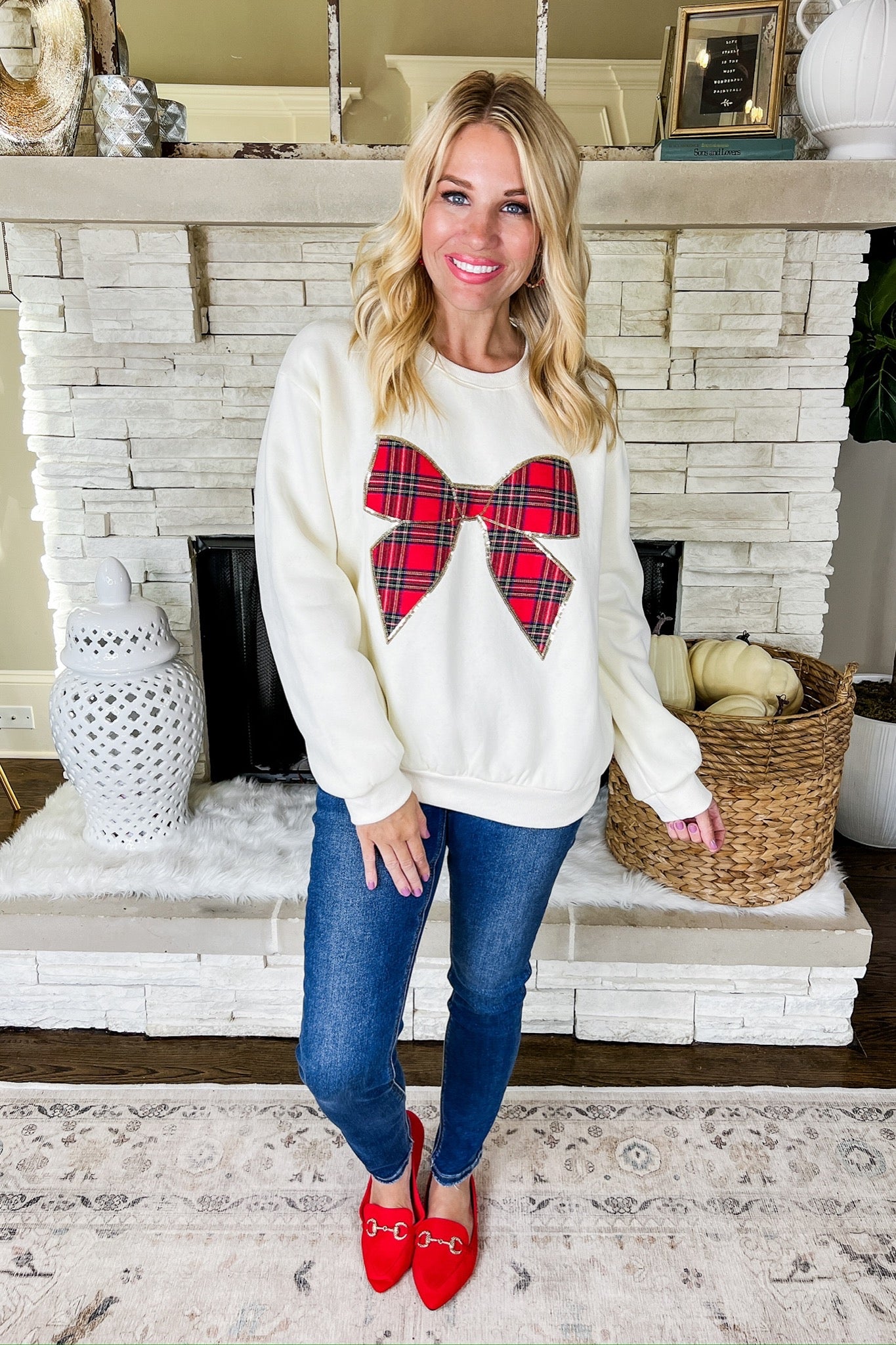 Sequin Outlined Tartan Plaid Coquette Bow Cream Sweater