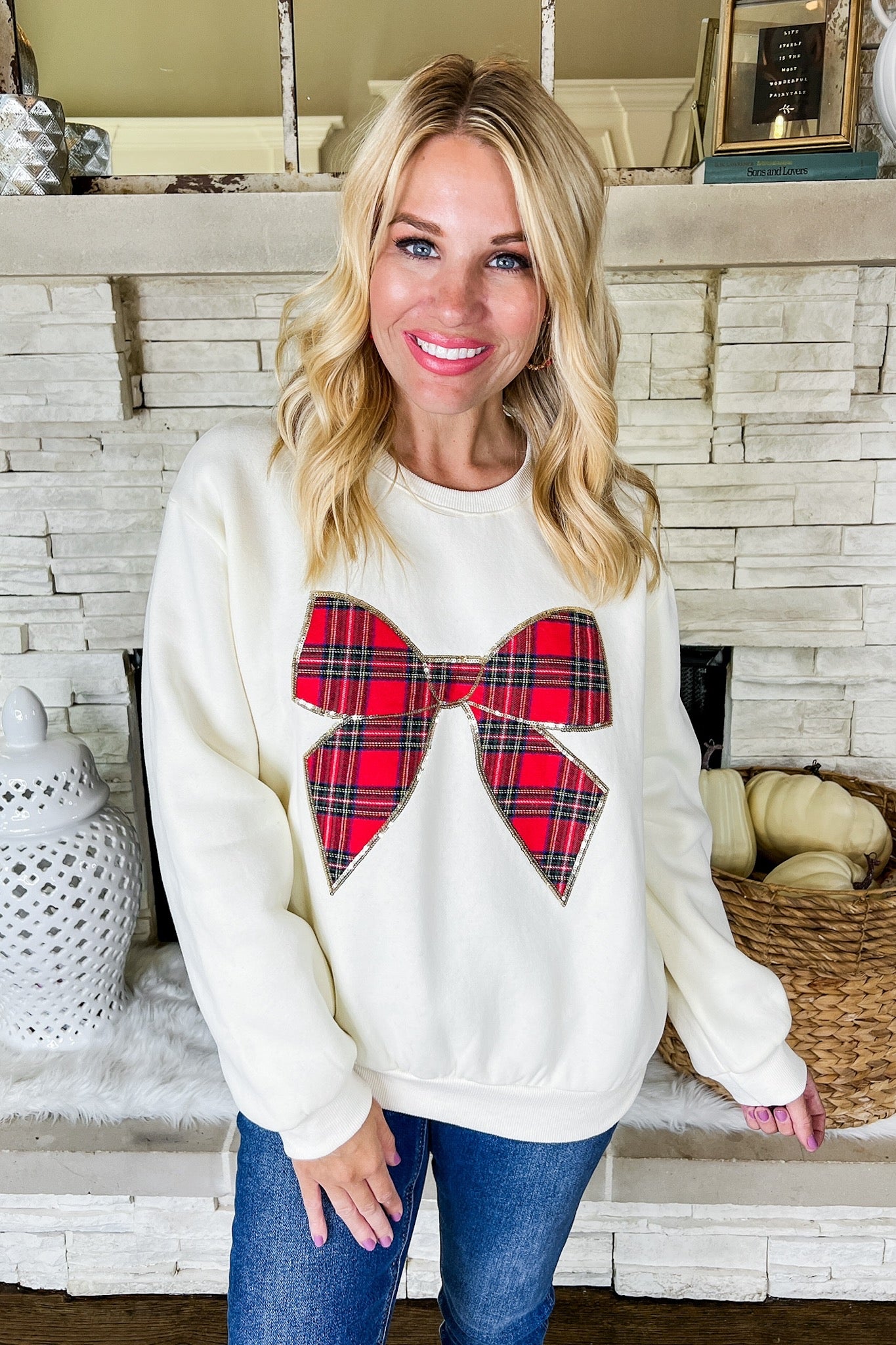 Sequin Outlined Tartan Plaid Coquette Bow Cream Sweater