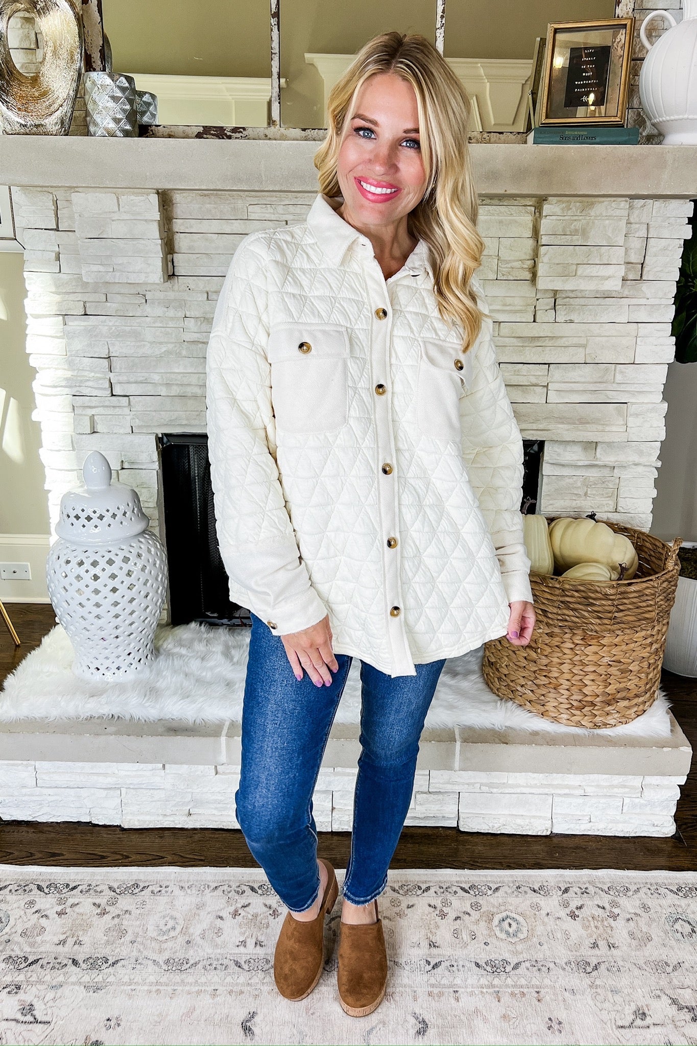 Cream Pocketed Geometric Quilted Button Down Shacket