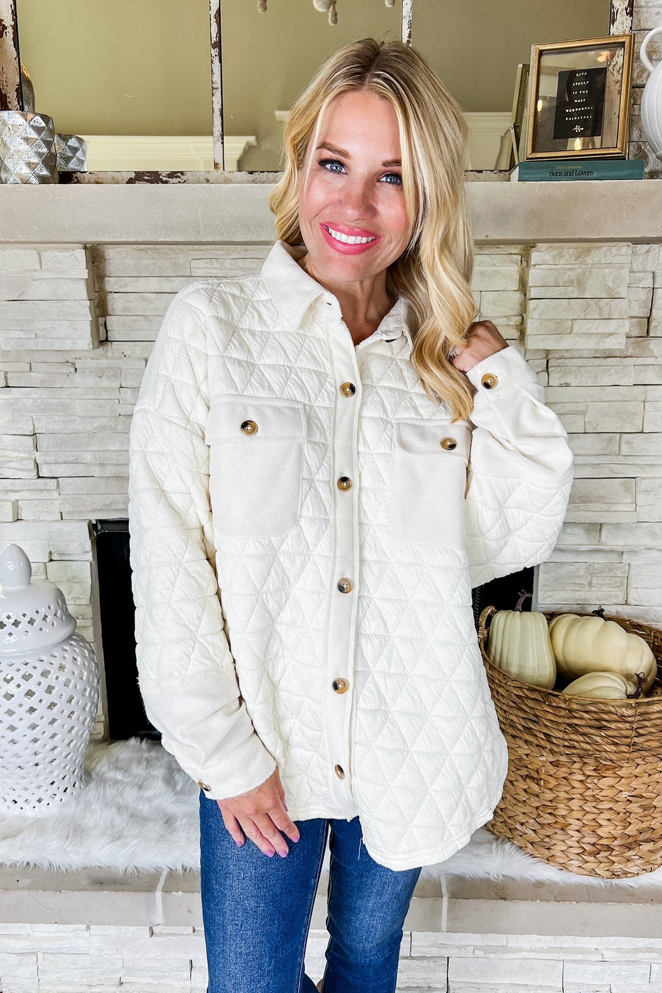 Cream Pocketed Geometric Quilted Button Down Shacket