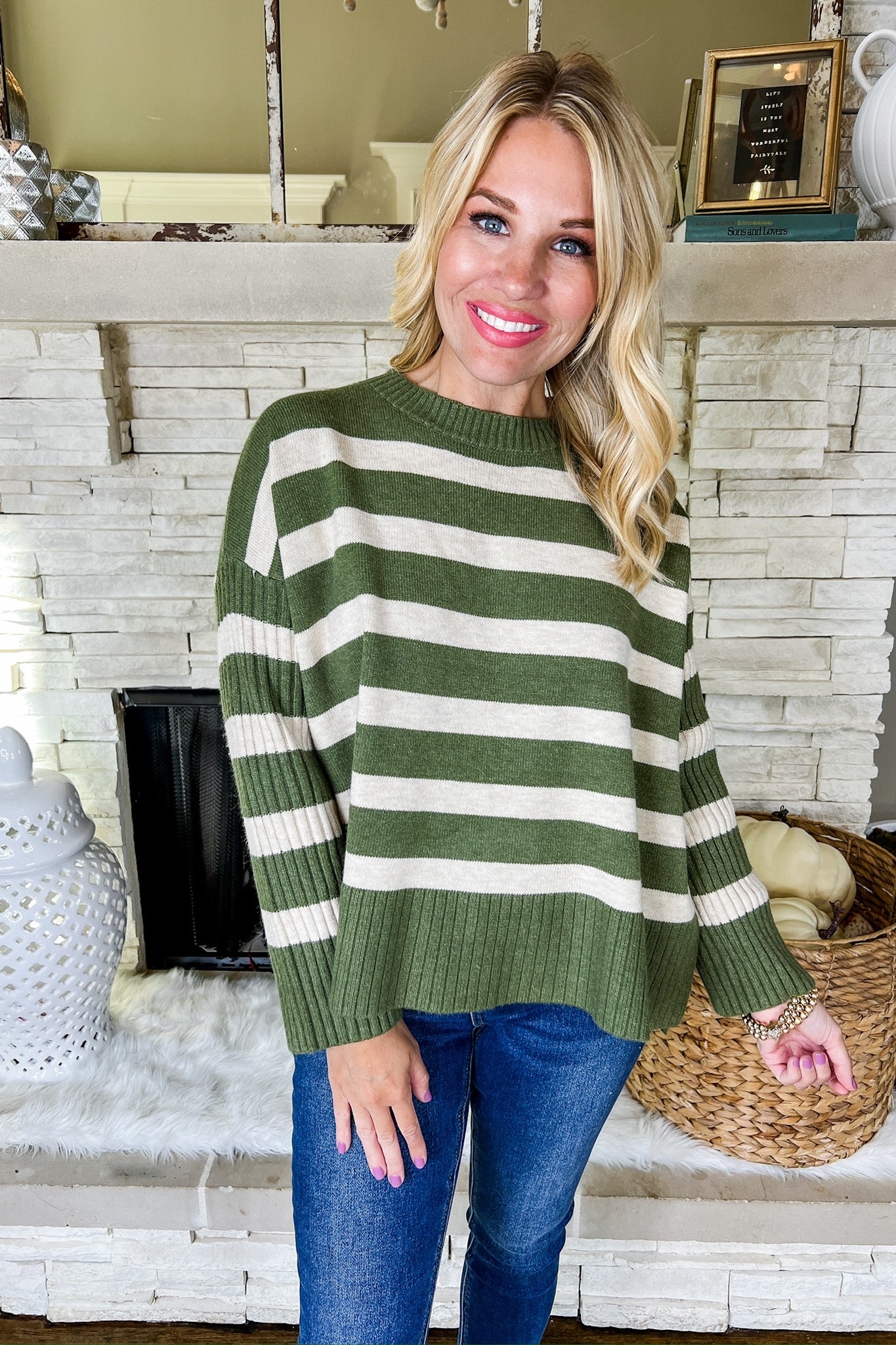 Cream Stripe Ribbed Sleeve Knit Sweater in Olive