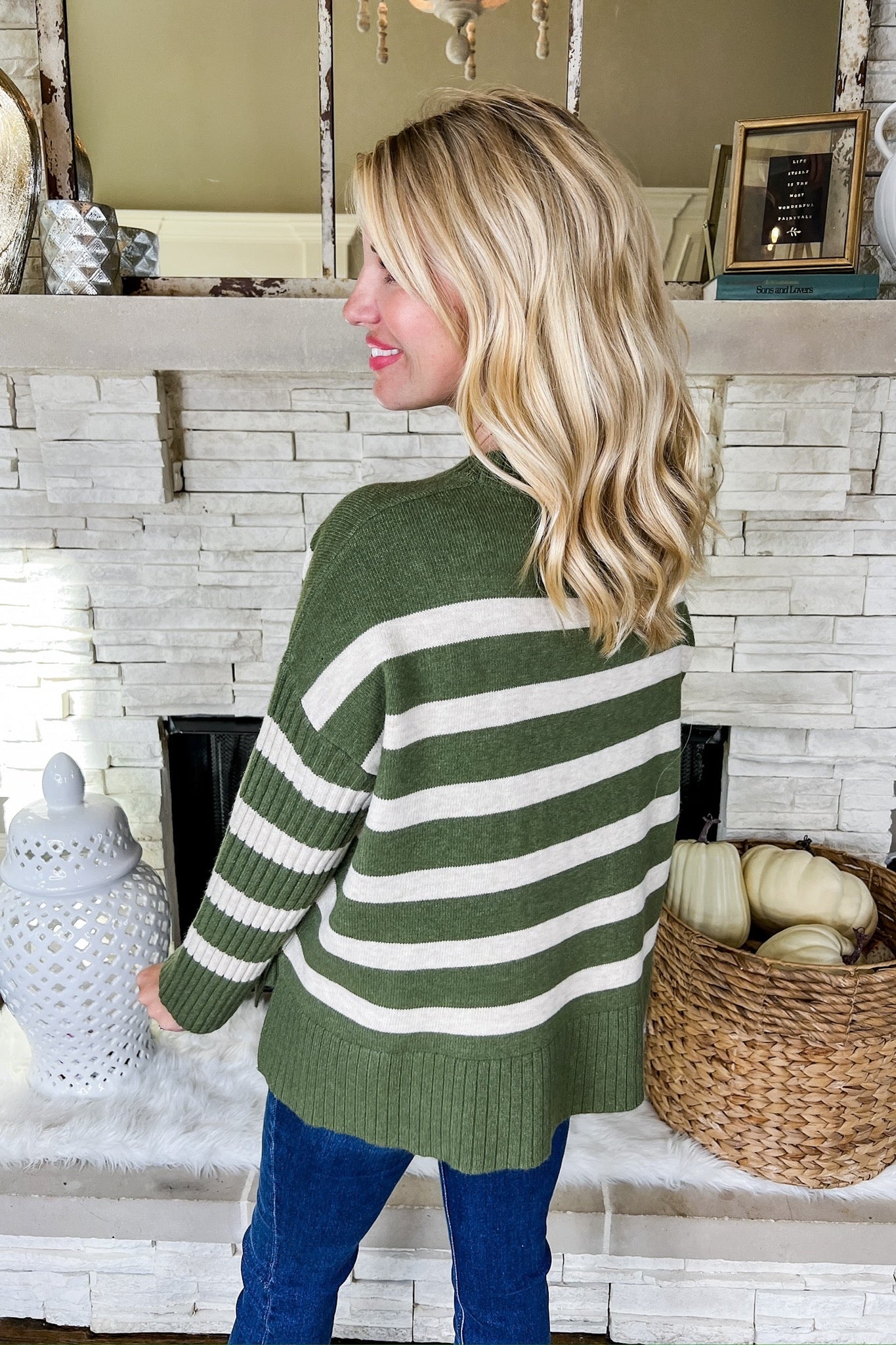 Cream Stripe Ribbed Sleeve Knit Sweater in Olive