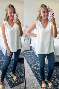 Frayed V Neck Layering Tank Top in Ivory