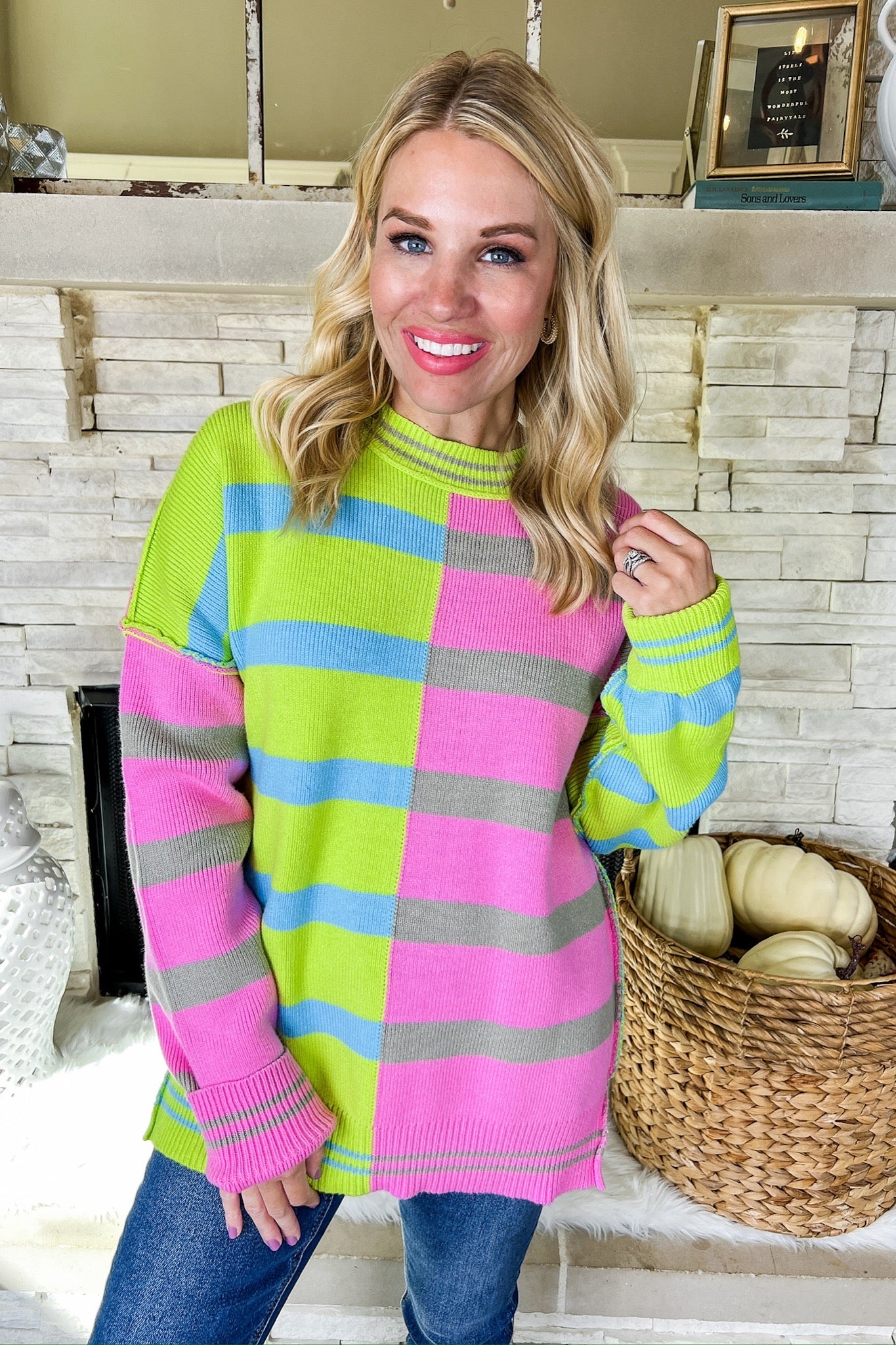 Pink/Lime Green Color Block Striped Exposed Seam Sweater