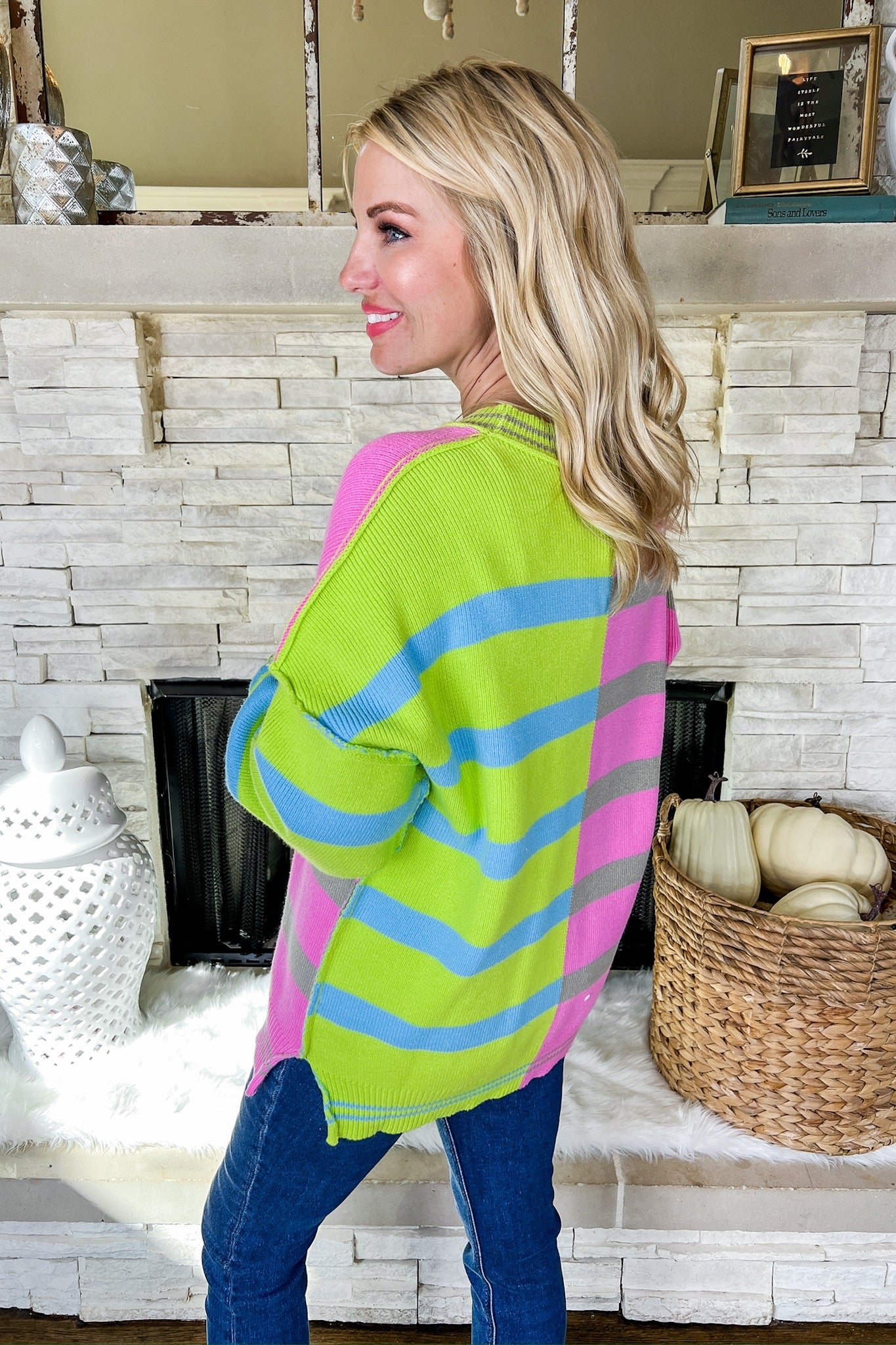 Pink/Lime Green Color Block Striped Exposed Seam Sweater