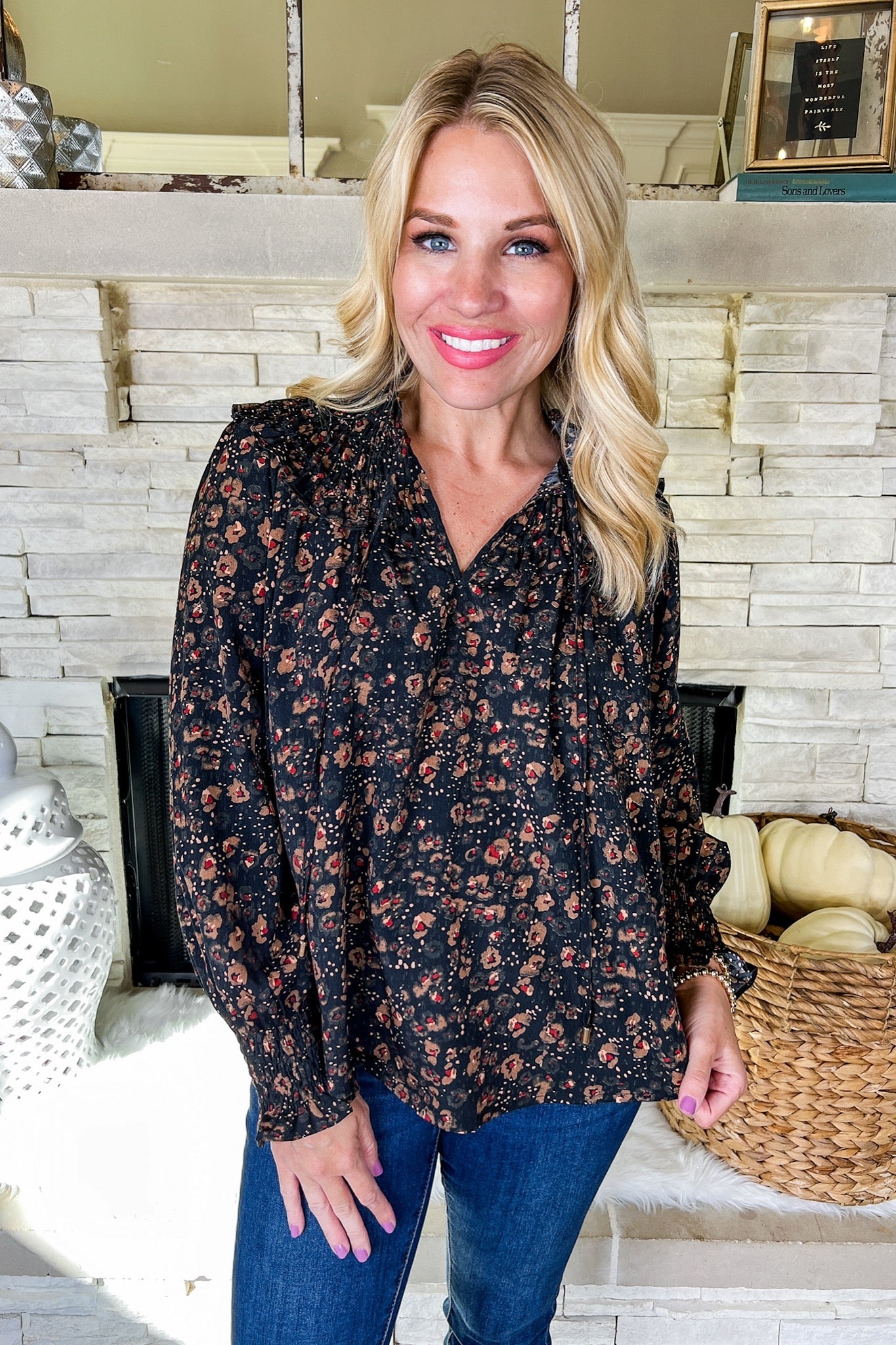 Dark Leopard Tie Ruffle Neck Top by THML