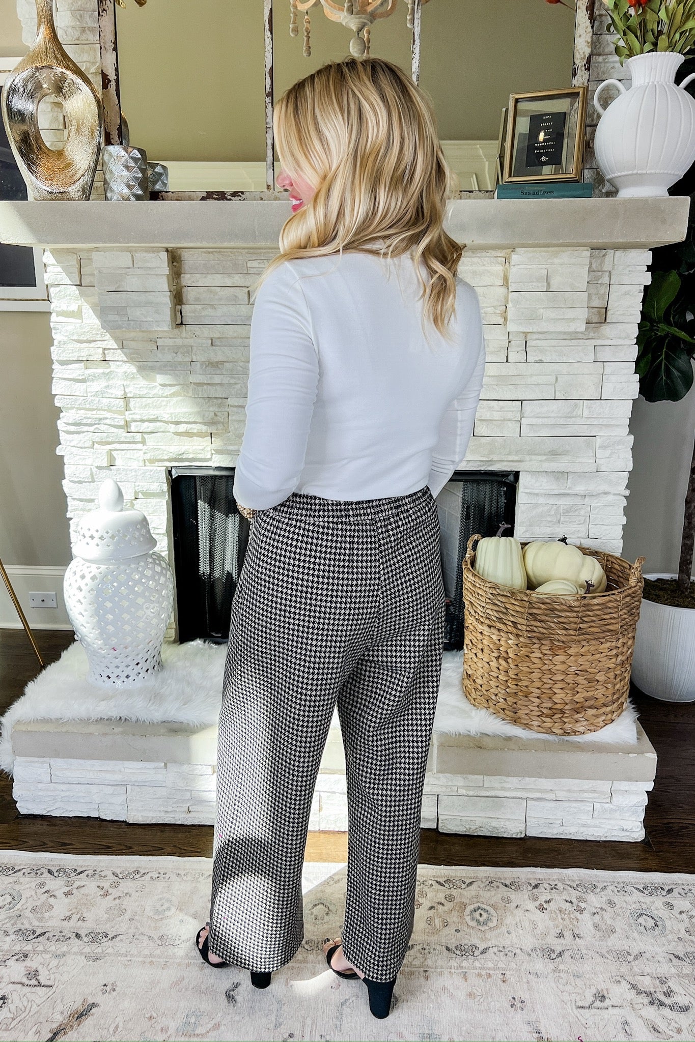 Soft Houndstooth Patch Pocket Cropped Wide Leg Pants