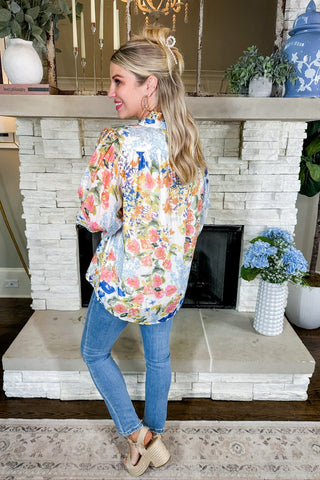 Ruffle Neck Watercolor Floral Merle Button Down Top in Blue