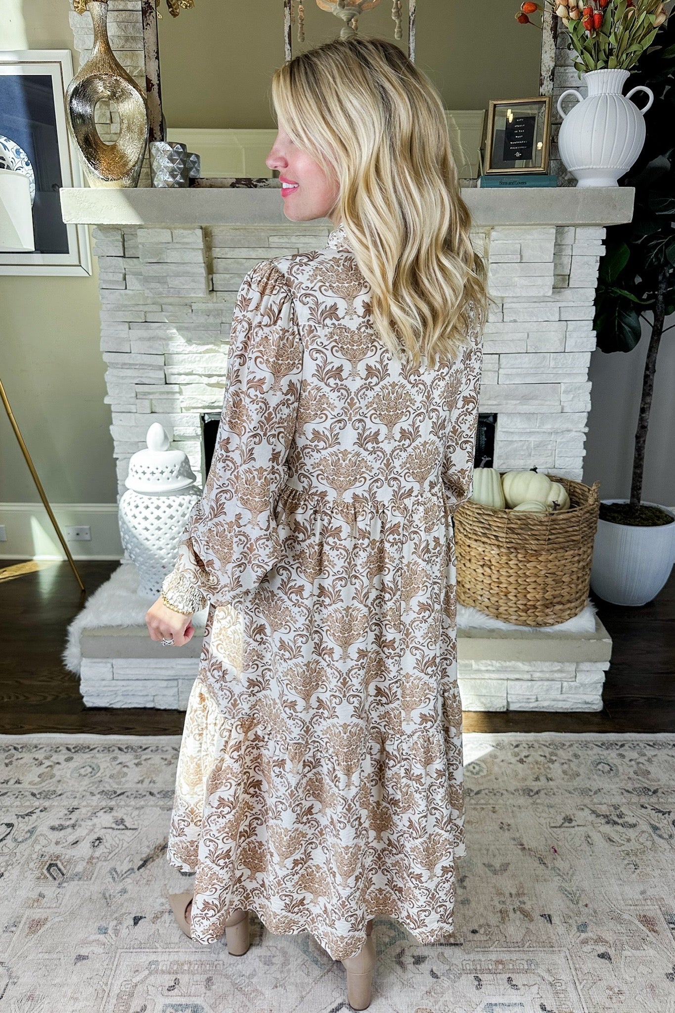 Damask Smocked Sleeve Half Button Down Taupe Midi Dress