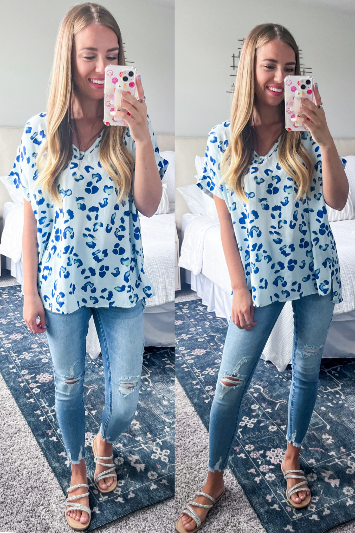 Leopard V Neck Cuffed Sleeve Shift Top in Blue Mix