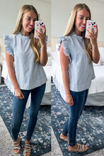 Load image into Gallery viewer, Navy &amp; White Pin Stripe Pleated Ruffle Sleeve Top
