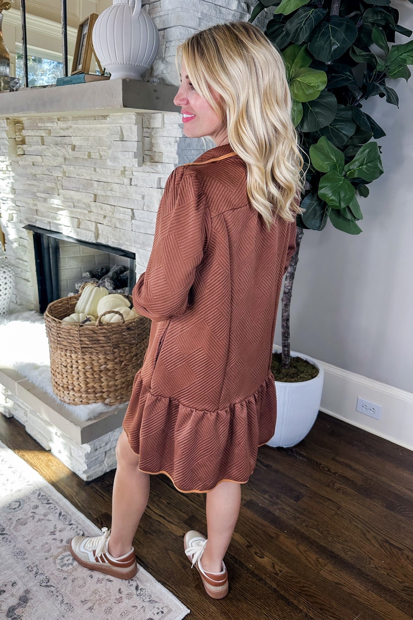 Contrast Trim Half Zip Up Brown Knit Jacquard Drop Waist Dress