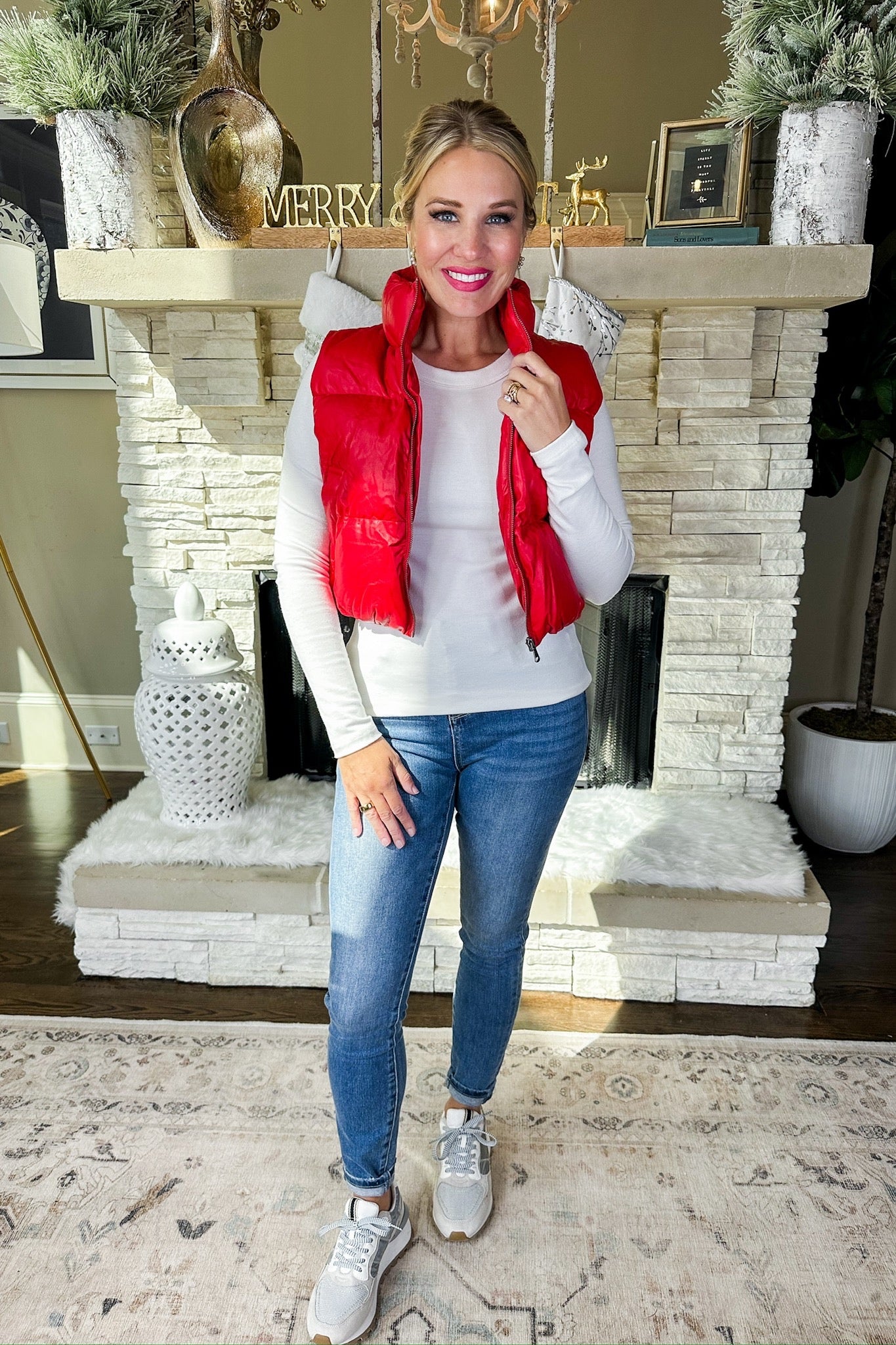 Cropped Leather Pocketed Puffer Vest in Red