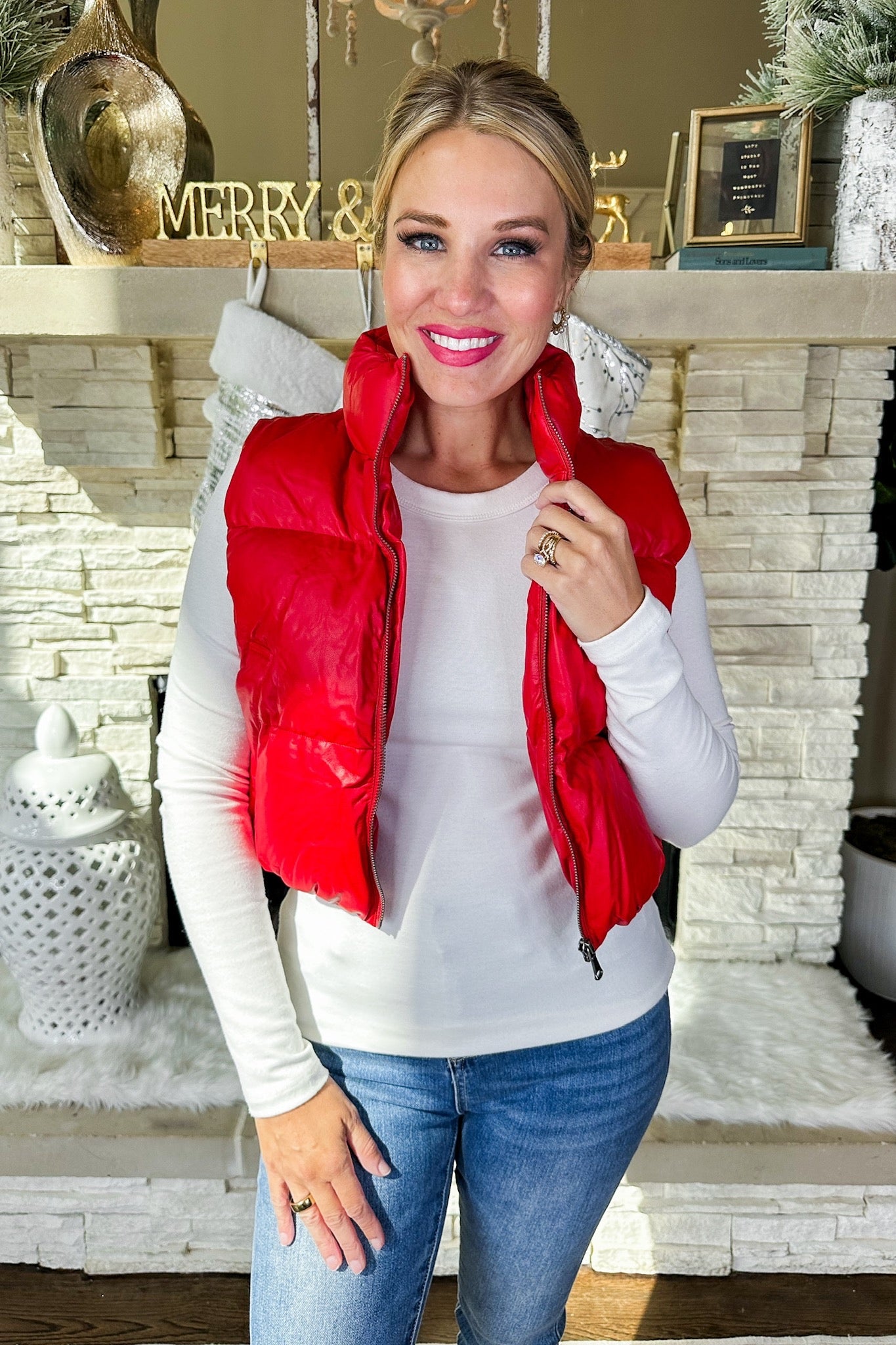 Cropped Leather Pocketed Puffer Vest in Red