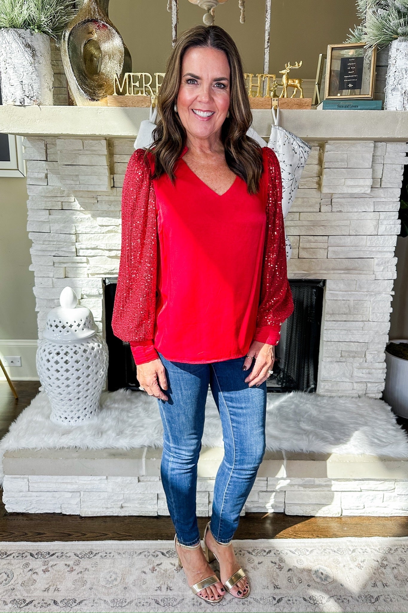 The Jordan Red Sequin Sleeve Satin Top by Michelle McDowell