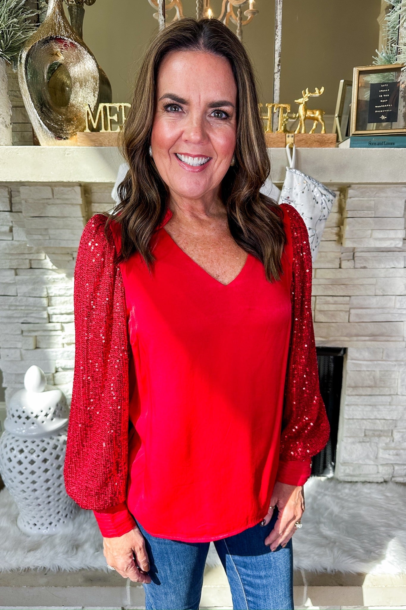 The Jordan Red Sequin Sleeve Satin Top by Michelle McDowell