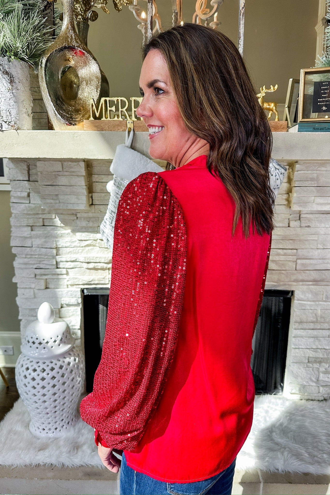 The Jordan Red Sequin Sleeve Satin Top by Michelle McDowell