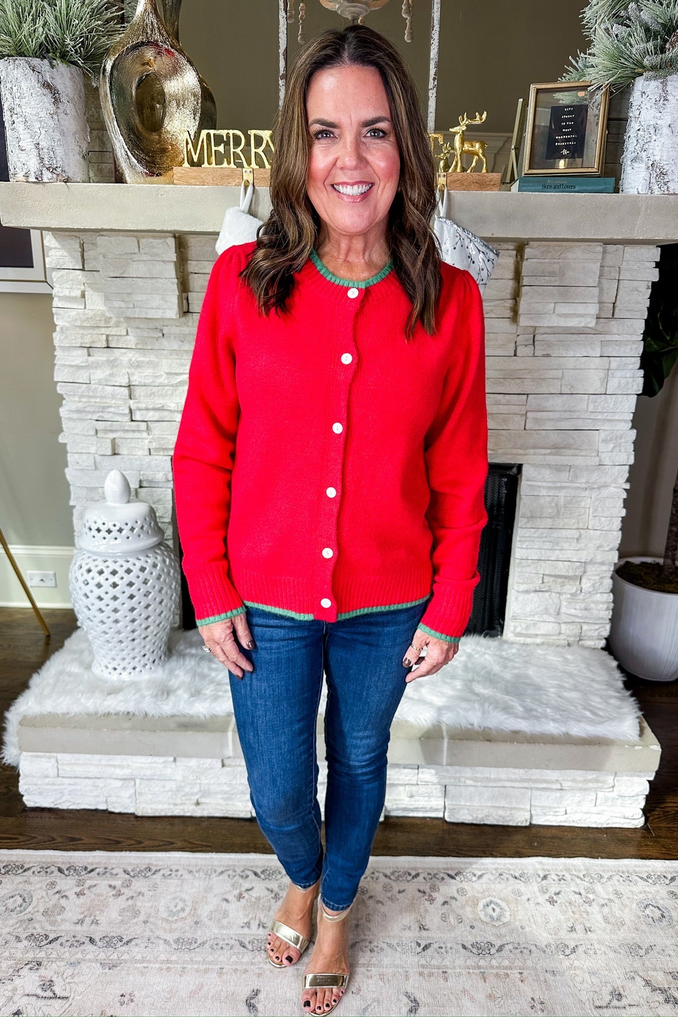 Cozy Soft Green Trim Button Down Red Cardigan