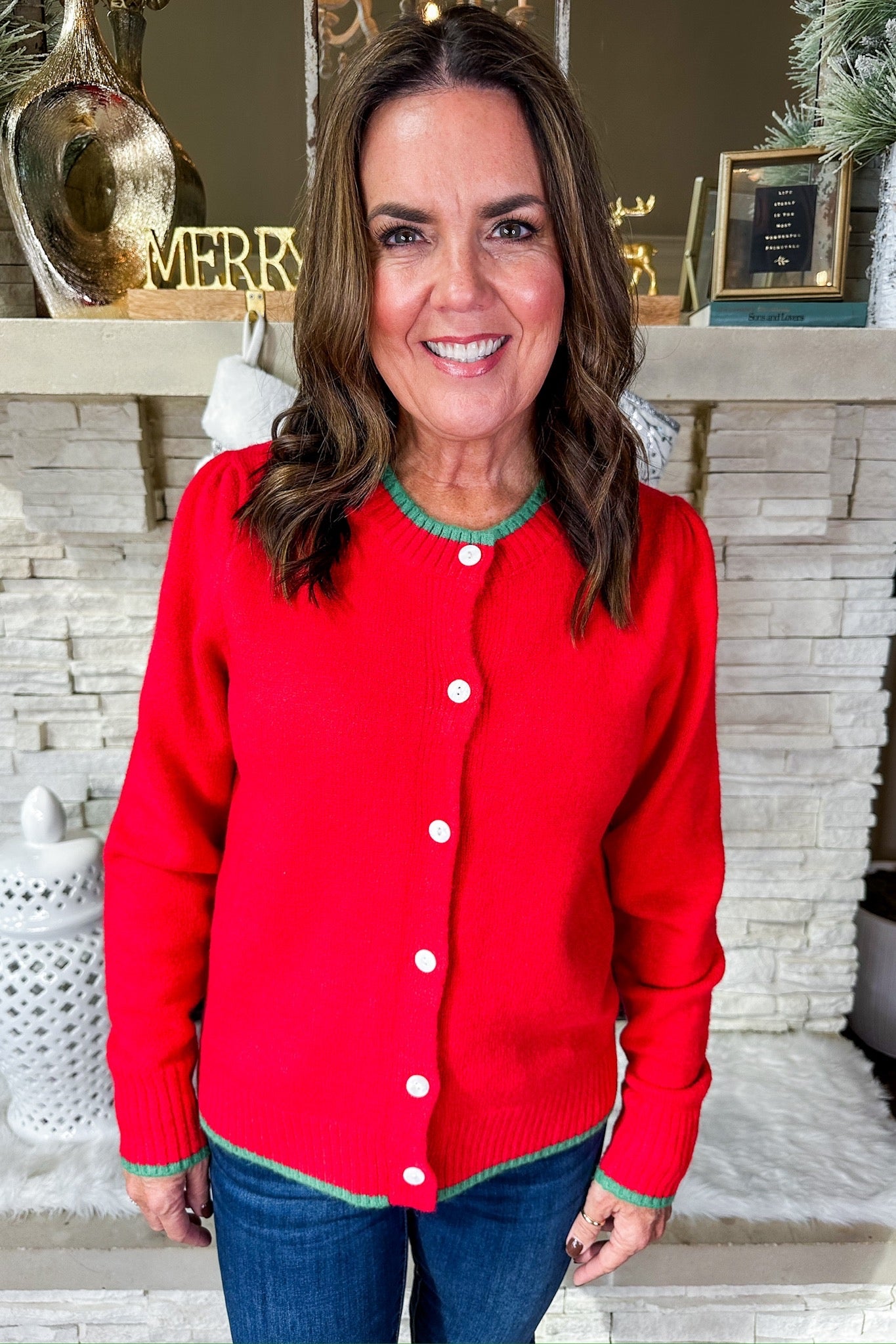 Cozy Soft Green Trim Button Down Red Cardigan