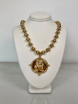 Bulldog Medal Beaded Necklace in Gold