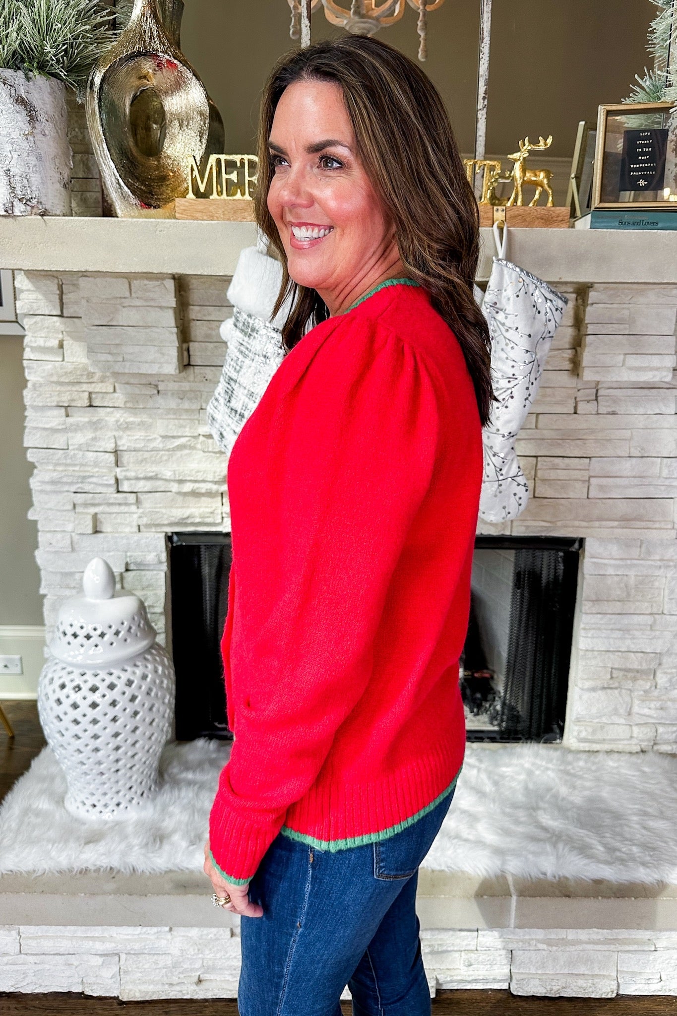 Cozy Soft Green Trim Button Down Red Cardigan