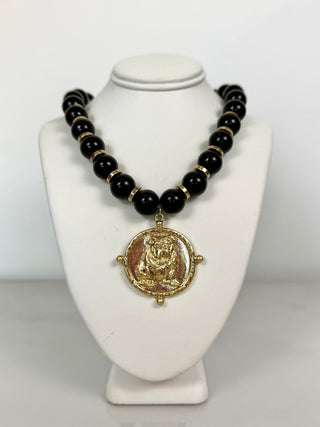 Bulldog Medal Beaded Necklace in Black