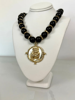Bulldog Medal Beaded Necklace in Black