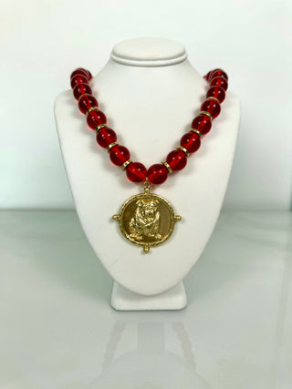 Bulldog Medal Beaded Necklace in Red