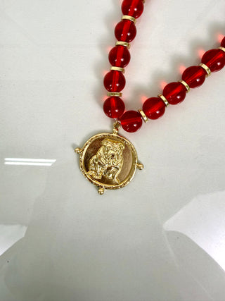 Bulldog Medal Beaded Necklace in Red