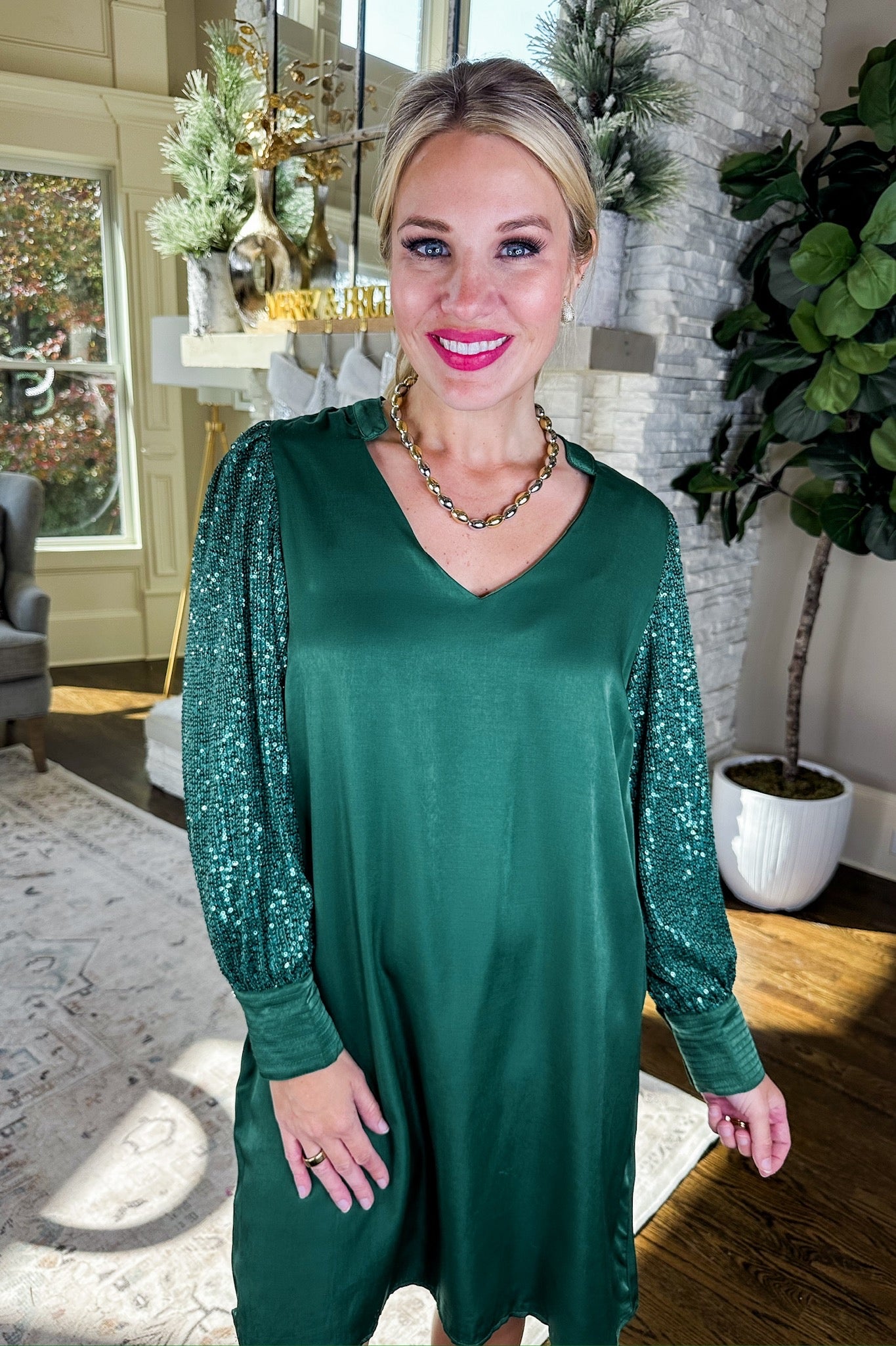 The Jordan Sequin Sleeve Green Dress by Michelle McDowell