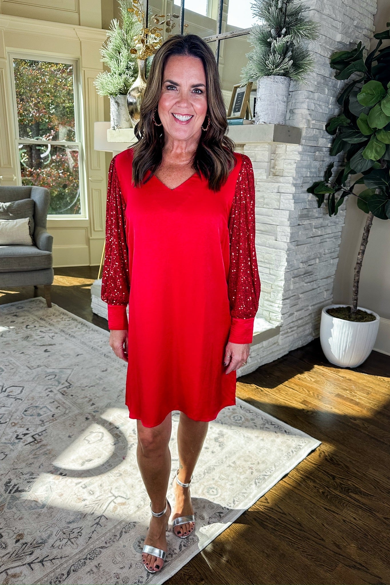 The Jordan Sequin Sleeve Red Dress by Michelle McDowell