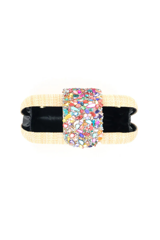 The Giada Bejeweled Straw Clutch in Fuchsia