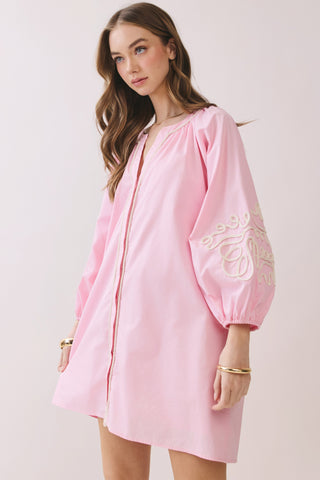 The Delaney Embroidered Sleeve Dress in Pink