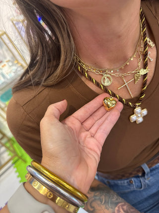 Brown/gold Mix Rope Necklace - Gold Puff Heart