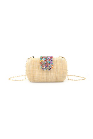 The Giada Bejeweled Straw Clutch in Khaki
