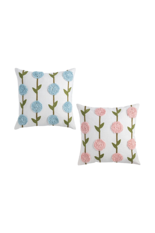 Blue Hydrangea Stripe Embroidered Pillow