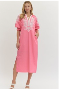 The Everleigh Embroidered Midi Dress in Pink