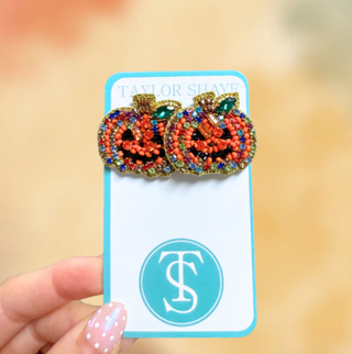 Multi Color Beaded Pumpkin Stud Earrings by Taylor Shaye