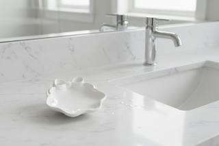 White ceramic dish with a wavy edge on a white background
