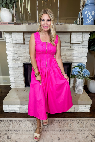 Square Neck Ruched Trim Retro Zip Up Hot Pink Midi Dress